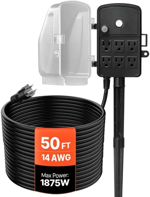 Outdoor Power Stake Waterproof, 50 FT Extension Cord, Outdoor Power Strip, Weatherproof with Cover and Overload Protection, 6 Outlets, 15A/1875W for Halloween/Christmas Lights Decorations Outdoor Power Stake Waterproof, 50 FT Extension Cord, Outdoor Power Strip, Weatherproof with Cover and Overload Protection, 6 Outlets, 15A/1875W for Halloween/Christmas Lights Decorations