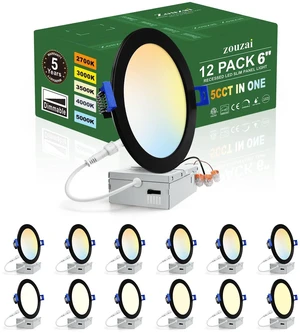 12 Pack 6 Inch LED Recessed Ceiling Light, 12W=110W, 5CCT, Dimmable 1080LM 120V, 2700K-5000K Selectable, Can Light, with Junction Box, Commercial & Home Use, Black, Damp & IC Rated, ETL Listed 12 Pack 6 Inch LED Recessed Ceiling Light, 12W=110W, 5CCT, Dimmable 1080LM 120V, 2700K-5000K Selectable, Can Light, with Junction Box, Commercial & Home Use, Black, Damp & IC Rated, ETL Listed