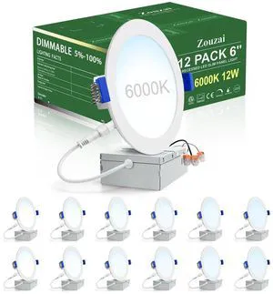 12 Pack 6" LED Recessed Ceiling Lights, 12W=110W, 6000K, Dimmable 1080LM 120V, Ultra-Thin Can Light, with Junction Box, Commercial & Home Use, White, Damp & IC Rated, ETL Listed 12 Pack 6" LED Recessed Ceiling Lights, 12W=110W, 6000K, Dimmable 1080LM 120V, Ultra-Thin Can Light, with Junction Box, Commercial & Home Use, White, Damp & IC Rated, ETL Listed