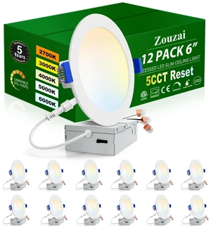 12 Pack 6 Inch LED Recessed Ceiling Light, 5CCT, 12W=110W, Dimmable 6000K/5000K/4000K/3000K/2700K Selectable, with Junction Box, Led Can Lights, White, IC Rated, ETL & Energy Star Certified 12 Pack 6 Inch LED Recessed Ceiling Light, 5CCT, 12W=110W, Dimmable 6000K/5000K/4000K/3000K/2700K Selectable, with Junction Box, Led Can Lights, White, IC Rated, ETL & Energy Star Certified