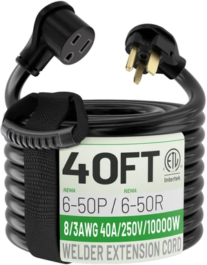 8/3 AWG 40FT 6-50P/R Welder Extension Cord 40A 250V Heavy Duty ETL 40 ft NEMA 6-50P to 6-50R Heavy Duty Welding Cord Heavy Duty Heat Proof Compatible with Lincoln, Miller Welders, STW, ETL 8/3 AWG 40FT 6-50P/R Welder Extension Cord 40A 250V Heavy Duty ETL 40 ft NEMA 6-50P to 6-50R Heavy Duty Welding Cord Heavy Duty Heat Proof Compatible with Lincoln, Miller Welders, STW, ETL