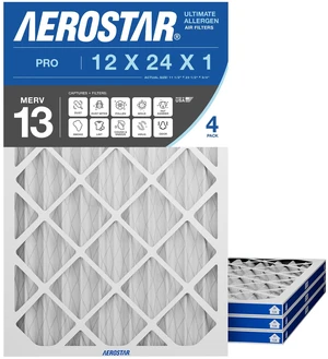 Air Filter 12x24x1 MERV 13 AC Filter, HVAC, Furnace Filter, 4 Pack ACTUAL SIZE (11.75 x 23.75 x 0.75) AC Filter, Furnace Filter, Allergies, Dust, Pet Dander & Smoke MERV 13 (MPR 1500 / FPR 10) Air Filter 12x24x1 MERV 13 AC Filter, HVAC, Furnace Filter, 4 Pack ACTUAL SIZE (11.75 x 23.75 x 0.75) AC Filter, Furnace Filter, Allergies, Dust, Pet Dander & Smoke MERV 13 (MPR 1500 / FPR 10)