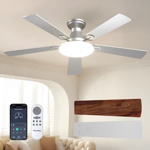 52 Inch Silver Low Profile Ceiling Fans with Lights and Remote Flush mount, 3-color dimmable light, quiet reversible DC motor, easy install, memory, APP, bedroom, covered outdoor areas 52 Inch Silver Low Profile Ceiling Fans with Lights and Remote Flush mount, 3-color dimmable light, quiet reversible DC motor, easy install, memory, APP, bedroom, covered outdoor areas