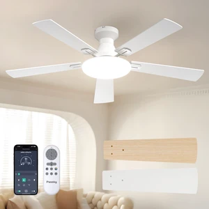 52 Inch White Low Profile Ceiling Fans with Lights and Remote Flush mount, 3-color dimmable light, quiet reversible DC motor, easy install, memory, APP, bedroom, covered outdoor areas 52 Inch White Low Profile Ceiling Fans with Lights and Remote Flush mount, 3-color dimmable light, quiet reversible DC motor, easy install, memory, APP, bedroom, covered outdoor areas