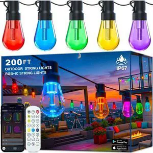Outdoor String Lights,200FT Smart RGB+IC Patio Lights with Shatterproof LED Bulbs,Outside Light Dimmable Patio for Decor DIY IP67 Waterproof,Courtyard, garden,Holiday,LED lights more Scene Modes Outdoor String Lights,200FT Smart RGB+IC Patio Lights with Shatterproof LED Bulbs,Outside Light Dimmable Patio for Decor DIY IP67 Waterproof,Courtyard, garden,Holiday,LED lights more Scene Modes
