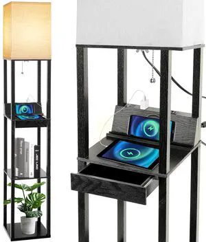 Floor Lamp with Shelves, LED Shelf Floor Lamp with Wireless Charger & 2 Charging USB Ports & Drawer, AC Outlet, 3 Color Temperature Tall Standing Lamp with Bulb for Living Room, Bedroom, Office Floor Lamp with Shelves, LED Shelf Floor Lamp with Wireless Charger & 2 Charging USB Ports & Drawer, AC Outlet, 3 Color Temperature Tall Standing Lamp with Bulb for Living Room, Bedroom, Office