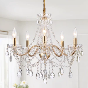 Crystal Gold Chandelier, Glass Crystal Hanging Pendant Lighting, 5 Light French Country Gold Crystals Chandelier for Ceiling Medallions,Wedding,Dining,Kitchen, Foyer,Dia 20'' Golden Crystal Gold Chandelier, Glass Crystal Hanging Pendant Lighting, 5 Light French Country Gold Crystals Chandelier for Ceiling Medallions,Wedding,Dining,Kitchen, Foyer,Dia 20'' Golden
