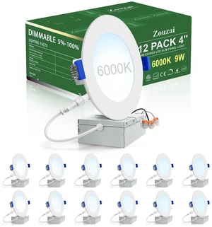 12 Pack 4 Inch LED Recessed Light, 6000K, Dimmable, 9W=60W, 810LM White, with Junction Box, Canless Wafer Downlight, Commercial & Home Use, Damp & IC Rated, ETL Listed 12 Pack 4 Inch LED Recessed Light, 6000K, Dimmable, 9W=60W, 810LM White, with Junction Box, Canless Wafer Downlight, Commercial & Home Use, Damp & IC Rated, ETL Listed