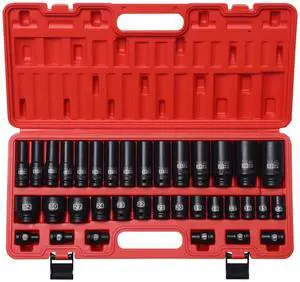 1/2" Drive Impact Socket Set, 35 PCS Shallow (8mm-32mm) & Deep (10mm-32mm) Metric, 6 Point, CR-MO Alloy Steel Axle Nut Socket for Auto Repair 1/2" Drive Impact Socket Set, 35 PCS Shallow (8mm-32mm) & Deep (10mm-32mm) Metric, 6 Point, CR-MO Alloy Steel Axle Nut Socket for Auto Repair
