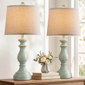 Traditional Table Lamp Set of 2, Rustic Farmhouse Table Lamps for Living Room Bedroom, 27" Bedside Desk Lamps Vintage Nightstand Lamps with Linen Shades, Light Green Traditional Table Lamp Set of 2, Rustic Farmhouse Table Lamps for Living Room Bedroom, 27" Bedside Desk Lamps Vintage Nightstand Lamps with Linen Shades, Light Green