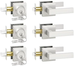 Front Door Lock Set with Deadbolt, Exterior Door Handle with Single Cylinder Deadbolt Lock, Flat Square Passage Brushed Nickel Door Locks for Front Door, 3 Pack (All Same Keyed Alike) Front Door Lock Set with Deadbolt, Exterior Door Handle with Single Cylinder Deadbolt Lock, Flat Square Passage Brushed Nickel Door Locks for Front Door, 3 Pack (All Same Keyed Alike)