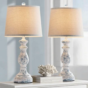 Traditional Table Lamp Set of 2, Rustic Farmhouse Table Lamps for Living Room Bedroom, 27" Bedside Desk Lamps Vintage Nightstand Lamps with Linen Shades, Washed Blue Traditional Table Lamp Set of 2, Rustic Farmhouse Table Lamps for Living Room Bedroom, 27" Bedside Desk Lamps Vintage Nightstand Lamps with Linen Shades, Washed Blue
