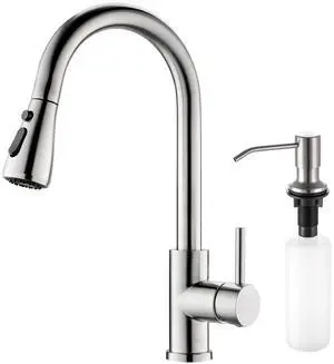 Kitchen Sink Faucet with Soap Dispenser, 3 Modes Kitchen Faucet with Pull Down Sprayer and Soap Dispenser, 304 Stainless Brushed Nickel Single Handle Kitchen Bar Faucets with Water Lines Kitchen Sink Faucet with Soap Dispenser, 3 Modes Kitchen Faucet with Pull Down Sprayer and Soap Dispenser, 304 Stainless Brushed Nickel Single Handle Kitchen Bar Faucets with Water Lines