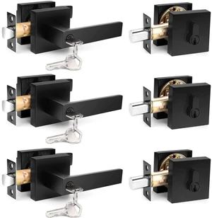 Flat Black Square Entry Levers Locksets and Single Cylinder Deadbolts Combination Set, Heavy Duty Front Door Office Entrance Levers, 3 Pack Keyed Alike(All Same Keys) Flat Black Square Entry Levers Locksets and Single Cylinder Deadbolts Combination Set, Heavy Duty Front Door Office Entrance Levers, 3 Pack Keyed Alike(All Same Keys)