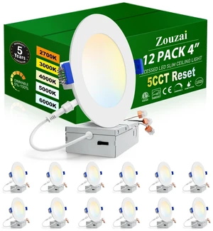12 Pack 4 Inch LED Recessed Ceiling Light, 5CCT, 9W=60W, Dimmable 6000K/5000K/4000K/3000K/2700K Selectable, 120V, with J-Box, Led Can Lights, White, IC Rated, ETL & Energy Star Certified 12 Pack 4 Inch LED Recessed Ceiling Light, 5CCT, 9W=60W, Dimmable 6000K/5000K/4000K/3000K/2700K Selectable, 120V, with J-Box, Led Can Lights, White, IC Rated, ETL & Energy Star Certified