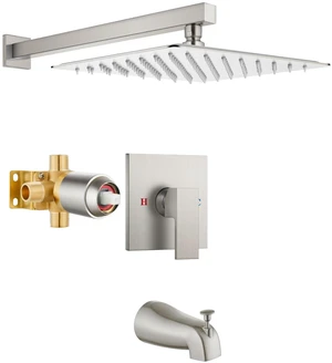 10 Inch Shower Faucet Set,Bathtub Faucet Kit,Brushed Nickel Shower Tub Faucet Set,Male Threads Rough-In Valve,Square Head Shower System 10 Inch Shower Faucet Set,Bathtub Faucet Kit,Brushed Nickel Shower Tub Faucet Set,Male Threads Rough-In Valve,Square Head Shower System
