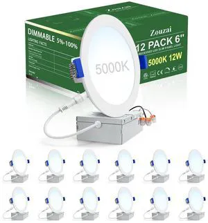 12 Pack 6" LED Recessed Lighting, 5000K Daylight, 12W=110W, Dimmable 1080LM High Brightness, Canless Wafer Downlight, with J-Box, IC Rated, White, ETL & Energy Star Certified 12 Pack 6" LED Recessed Lighting, 5000K Daylight, 12W=110W, Dimmable 1080LM High Brightness, Canless Wafer Downlight, with J-Box, IC Rated, White, ETL & Energy Star Certified