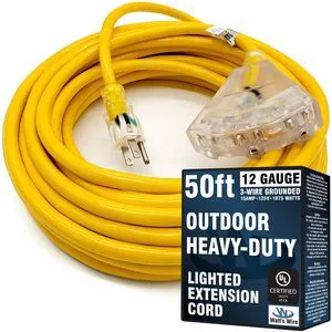 50 ft Outdoor Extension Cord - 12 Gauge Heavy Duty Extension Cord Multiple Outlets - Lighted Outdoor Extension Cords 50' Grounded 50 ft Outdoor Extension Cord - 12 Gauge Heavy Duty Extension Cord Multiple Outlets - Lighted Outdoor Extension Cords 50' Grounded