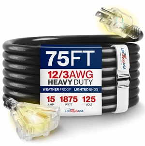 75ft Outdoor/Indoor Extension Cord 3-Outlet 12/3 Gauge Extra Heavy Duty 3 Prong SJTW, Waterproof, Flexible Cold-Resistant Long Power Cord,15A 125V 1875W, Black by 75ft Outdoor/Indoor Extension Cord 3-Outlet 12/3 Gauge Extra Heavy Duty 3 Prong SJTW, Waterproof, Flexible Cold-Resistant Long Power Cord,15A 125V 1875W, Black by