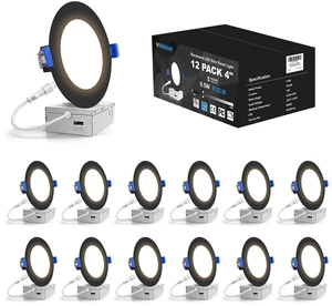 12 Pack 4 inch Recessed Lighting, 5CCT, 9.5W Eqv 80W, 810LM LED Recessed Light Black, 2700K-5000K Selectable, Dimmable Canless Wafer Downlight, LED Ceiling Light ETL Certificated 12 Pack 4 inch Recessed Lighting, 5CCT, 9.5W Eqv 80W, 810LM LED Recessed Light Black, 2700K-5000K Selectable, Dimmable Canless Wafer Downlight, LED Ceiling Light ETL Certificated