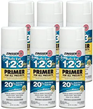 Bulls Eye 1-2-3 Plus Spray Primer, White, 13oz, 6-Pack Bulls Eye 1-2-3 Plus spray primer, 13oz, White. High-hide stain-blocking spray primer for all surfaces; bonds without Bulls Eye 1-2-3 Plus Spray Primer, White, 13oz, 6-Pack Bulls Eye 1-2-3 Plus spray primer, 13oz, White. High-hide stain-blocking spray primer for all surfaces; bonds without