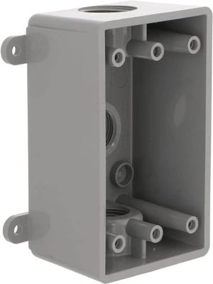 PSB37550GY Single-Gang Weatherproof Three 1/2". or 3/4 in. Threaded Outlets,2 in,Gray,(Pack of 8) PSB37550GY Single-Gang Weatherproof Three 1/2". or 3/4 in. Threaded Outlets,2 in,Gray,(Pack of 8)