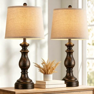Traditional Table Lamp Set of 2, Rustic Farmhouse Table Lamps for Living Room Bedroom, 27" Bedside Desk Lamps Vintage Nightstand Lamps with Linen Shades, Oil Rubbed Bronze Traditional Table Lamp Set of 2, Rustic Farmhouse Table Lamps for Living Room Bedroom, 27" Bedside Desk Lamps Vintage Nightstand Lamps with Linen Shades, Oil Rubbed Bronze