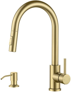 Pull Down Kitchen Faucet with Soap Dispenser, Brushed Gold Lead-Free, Stainless Steel, Single Handle, 1 Hole Sink Faucet with Deck Plate, Fit for RV Bar Farmhouse Laundry Outdoor Pull Down Kitchen Faucet with Soap Dispenser, Brushed Gold Lead-Free, Stainless Steel, Single Handle, 1 Hole Sink Faucet with Deck Plate, Fit for RV Bar Farmhouse Laundry Outdoor