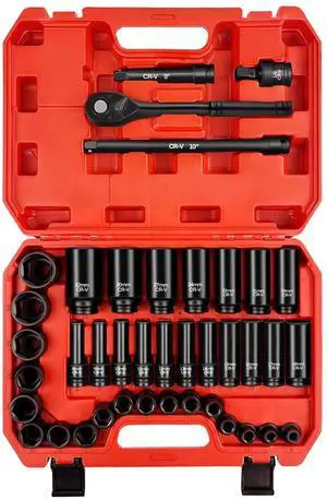 1/2" Drive Impact Socket Set, 40Pcs Metric Socket Wrench Set (8-32mm), Heavy Duty Standard Sockets Assortment, Deep/Shallow, 1/2-Inch Ratchet Handle, 5", 10" Extension Bar, Universal Joint 1/2" Drive Impact Socket Set, 40Pcs Metric Socket Wrench Set (8-32mm), Heavy Duty Standard Sockets Assortment, Deep/Shallow, 1/2-Inch Ratchet Handle, 5", 10" Extension Bar, Universal Joint