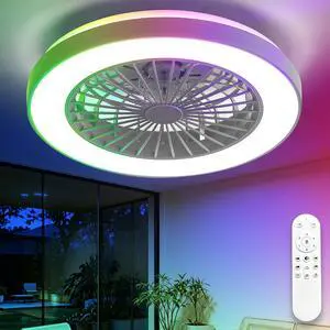 RGB Ceiling Fan with Light: 19" Enclosed Low Profile Flush Mount LED Ceiling Fans with Remote Control - Modern White Bladeless Fandelier Dimmable Quiet DC Motor for Bedroom KTV Room RGB Ceiling Fan with Light: 19" Enclosed Low Profile Flush Mount LED Ceiling Fans with Remote Control - Modern White Bladeless Fandelier Dimmable Quiet DC Motor for Bedroom KTV Room