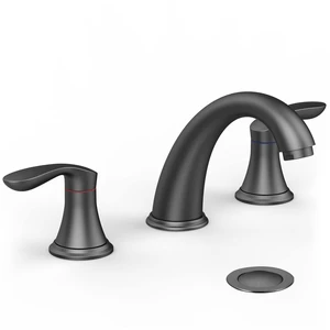 Bathroom Sink Faucet, Faucet for Bathroom Sink, Widespread Matte Black Bathroom Faucet 3 Hole with Plastic Pop Up Drain and cUPC Lead-Free Hose - (Matte Black) Bathroom Sink Faucet, Faucet for Bathroom Sink, Widespread Matte Black Bathroom Faucet 3 Hole with Plastic Pop Up Drain and cUPC Lead-Free Hose - (Matte Black)