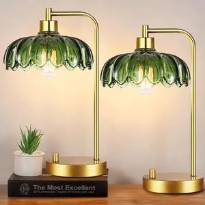 Glass Table Lamp Set of 2,Small Gold Bedside Lamps Dimmable Boho Bedroom Lamp with Tulip Flower Green Lamp Shade,Vintage Mid Century Modern Mini Nightstand Lamp for Bedroom Living Room Glass Table Lamp Set of 2,Small Gold Bedside Lamps Dimmable Boho Bedroom Lamp with Tulip Flower Green Lamp Shade,Vintage Mid Century Modern Mini Nightstand Lamp for Bedroom Living Room