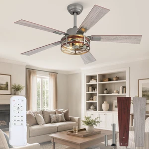 Farmhouse Ceiling Fans with Light, 48" Caged Fan, Quiet DC Motor 6-Speed Adjustable, Remote Reversible, 5 Dual Finish Blades, Rustic Ceiling FanBrushed Nickel Farmhouse Ceiling Fans with Light, 48" Caged Fan, Quiet DC Motor 6-Speed Adjustable, Remote Reversible, 5 Dual Finish Blades, Rustic Ceiling FanBrushed Nickel