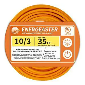 Solid Indoor 10/3 NM-B Copper Cable with Ground 35FT, Orange 35FT NMB Cable 10 Gauge Wire 3 Conductors 600V Bare Copper Non-Metallic Sheathed Solid Indoor Residential Wire, UL Listed Solid Indoor 10/3 NM-B Copper Cable with Ground 35FT, Orange 35FT NMB Cable 10 Gauge Wire 3 Conductors 600V Bare Copper Non-Metallic Sheathed Solid Indoor Residential Wire, UL Listed