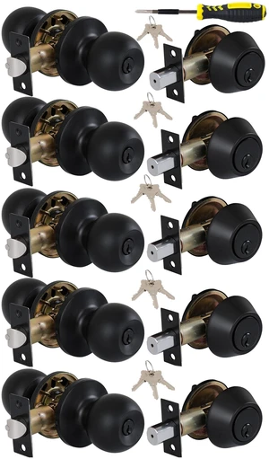 (5 Sets) All Keyed Same Entry Door Knob and Single Cylinder Deadbolt Combo Set, Matte Black Exterior Door Knobs with Lock and Keys for Entrance and Front Door (5 Sets) All Keyed Same Entry Door Knob and Single Cylinder Deadbolt Combo Set, Matte Black Exterior Door Knobs with Lock and Keys for Entrance and Front Door