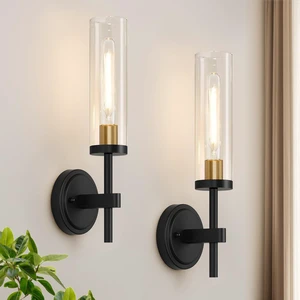 Hardwired Wall Sconces Set of Two, Black and Gold Bathroom Sconces with Clear Glass, Modern Wall Light Fixtures for Bathroom Mirror Vanity, Living Room, Bedroom, Hallway, Stairway, Cabinet, Foyer Hardwired Wall Sconces Set of Two, Black and Gold Bathroom Sconces with Clear Glass, Modern Wall Light Fixtures for Bathroom Mirror Vanity, Living Room, Bedroom, Hallway, Stairway, Cabinet, Foyer