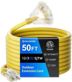 50 FT Outdoor Extension Cord with Multiple Outlets, 12 Gauge Heavy Duty Yellow Extension Cord Waterproof with 3 Outlet, 3 Prong Power Cord for Garden and Home Use Indicator Light, ETL Listed 50 FT Outdoor Extension Cord with Multiple Outlets, 12 Gauge Heavy Duty Yellow Extension Cord Waterproof with 3 Outlet, 3 Prong Power Cord for Garden and Home Use Indicator Light, ETL Listed