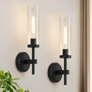 Hardwired Wall Sconces Set of Two, Matte Black Bathroom Sconces with Clear Glass, Modern Wall Light Fixtures for Bathroom Mirror Vanity, Living Room, Bedroom, Hallway, Stairway, Cabinet, Foyer Hardwired Wall Sconces Set of Two, Matte Black Bathroom Sconces with Clear Glass, Modern Wall Light Fixtures for Bathroom Mirror Vanity, Living Room, Bedroom, Hallway, Stairway, Cabinet, Foyer