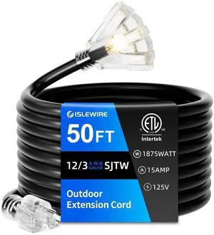 50 FT Outdoor Extension Cord with Multiple Outlets, 12 Gauge Heavy Duty Black Extension Cord Waterproof with 3 Outlet, 3 Prong Power Cord for Garden and Home Use Indicator Light, ETL Listed 50 FT Outdoor Extension Cord with Multiple Outlets, 12 Gauge Heavy Duty Black Extension Cord Waterproof with 3 Outlet, 3 Prong Power Cord for Garden and Home Use Indicator Light, ETL Listed
