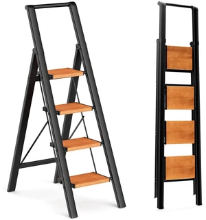 4 Step Ladder, Foldable 4 Step Stool, Black & Woodgrain Reach 8ft; Stepladder with Handgrip, Anti-Slip 7.9'' Pedals, Lightweight Tall Ladder for Home,Kitchen,Closet,300 lb Capacity 4 Step Ladder, Foldable 4 Step Stool, Black & Woodgrain Reach 8ft; Stepladder with Handgrip, Anti-Slip 7.9'' Pedals, Lightweight Tall Ladder for Home,Kitchen,Closet,300 lb Capacity