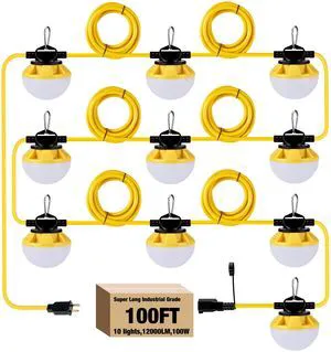 100FT Construction String Lights, IP65 Waterproof ETL Certified LED String Work Lights, 5000K Daylight 18AWG Wire Linkable Temporary Construction Lighting for Jobsite with 10 Bulbs & Hooks 100FT Construction String Lights, IP65 Waterproof ETL Certified LED String Work Lights, 5000K Daylight 18AWG Wire Linkable Temporary Construction Lighting for Jobsite with 10 Bulbs & Hooks