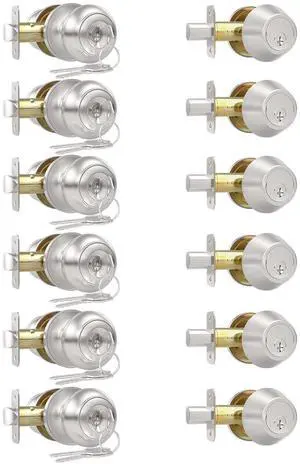 6 Pack Front Door Lock Set, Exterior Door Knob with Lock and Key Keyed Alike Reversible Door Knob with Lock Set, Brushed Nickel Single Cylinder Deadbolt Lock for Front Door, Adjustable Latch 6 Pack Front Door Lock Set, Exterior Door Knob with Lock and Key Keyed Alike Reversible Door Knob with Lock Set, Brushed Nickel Single Cylinder Deadbolt Lock for Front Door, Adjustable Latch