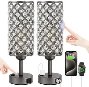 Gray Crystal Lamp Touch Control Set of 2, Crystal Table Lamps with USB C+A Ports & AC Outlet, 3-Way Dimmable Nightstand Touch Lamp, Modern Bedside Table Lamp for Bedroom(Bulbs Included) Gray Crystal Lamp Touch Control Set of 2, Crystal Table Lamps with USB C+A Ports & AC Outlet, 3-Way Dimmable Nightstand Touch Lamp, Modern Bedside Table Lamp for Bedroom(Bulbs Included)