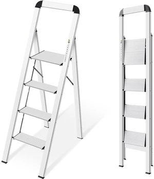 Aluminium 4 Step Ladder, Lightweight Step Stool with Non-Slip Pedals, Handrail, Foldable Step Ladder for Kitchen, Garage, Home, Space Saving, Sturdy and Portable, Silver Aluminium 4 Step Ladder, Lightweight Step Stool with Non-Slip Pedals, Handrail, Foldable Step Ladder for Kitchen, Garage, Home, Space Saving, Sturdy and Portable, Silver