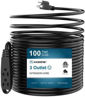 100 FT 3 Outlet Extension Cord, 16/3 SJTW Grounded Cord, Black 100 FT 3 Outlet Extension Cord, 16/3 SJTW Grounded Cord, Black