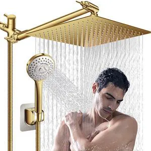 Shower Head,12'' Rain Shower Head with 11'' Extension Arm,Brushed Gold 5 Settings High Pressure Handheld Shower Head Combo,Adjustable Powerful Shower Spray Against Low Pressure Water Shower Head,12'' Rain Shower Head with 11'' Extension Arm,Brushed Gold 5 Settings High Pressure Handheld Shower Head Combo,Adjustable Powerful Shower Spray Against Low Pressure Water