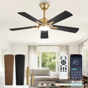 42 Inch Black and Gold Ceiling Fan with Light, Remote & APP Stepless CCT & Dimmable, 20W LED, 6-Speed, Timer, Reversible Quiet DC Motor, Quick Setup, for Bedroom, Living Room, Apartment 42 Inch Black and Gold Ceiling Fan with Light, Remote & APP Stepless CCT & Dimmable, 20W LED, 6-Speed, Timer, Reversible Quiet DC Motor, Quick Setup, for Bedroom, Living Room, Apartment