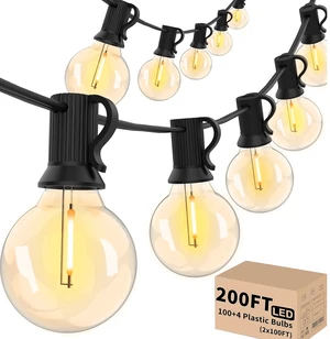 200 FT Outdoor String Lights for Outside Patio 104 Bulbs Waterproof Commercial Grade Hanging Globe Lighting, Shatterproof G40 LED Bulbs, For Bistro Cafe Market Backyard ETL 2700K (2*100) 200 FT Outdoor String Lights for Outside Patio 104 Bulbs Waterproof Commercial Grade Hanging Globe Lighting, Shatterproof G40 LED Bulbs, For Bistro Cafe Market Backyard ETL 2700K (2*100)