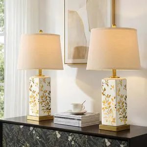 24" Chinoiserie Lamps Set of 2, Ceramic Table Lamps for Bedside Mid Century Modern Bedroom Lamps, Vintage Reflective Gold Leaf Pattern Home Decor for Living Room Nightstand, White & Gold 24" Chinoiserie Lamps Set of 2, Ceramic Table Lamps for Bedside Mid Century Modern Bedroom Lamps, Vintage Reflective Gold Leaf Pattern Home Decor for Living Room Nightstand, White & Gold