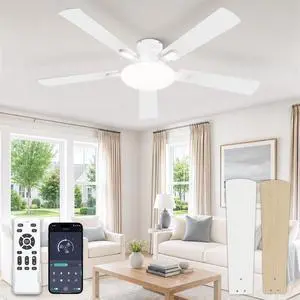 52 Inch Flush Mount Ceiling Fans with Lights, Remote & APP Control Bright Light, 3CCT, Memory Function, Timer, Reversible Blade, Quiet DC Motor, Damp-Rated, Living Room, Bedroom, Covered Patio 52 Inch Flush Mount Ceiling Fans with Lights, Remote & APP Control Bright Light, 3CCT, Memory Function, Timer, Reversible Blade, Quiet DC Motor, Damp-Rated, Living Room, Bedroom, Covered Patio